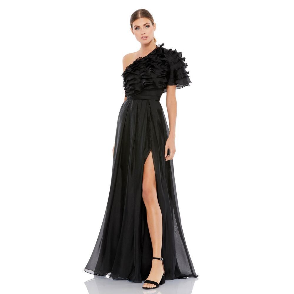 Mac Duggal Women's Black Ruffle Layered One Shoulder Gown Size 8 NWT